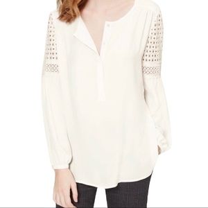 Ann Taylor Loft Lace Crochet Sleeve Ruched Top Ivory Sheer Blouse